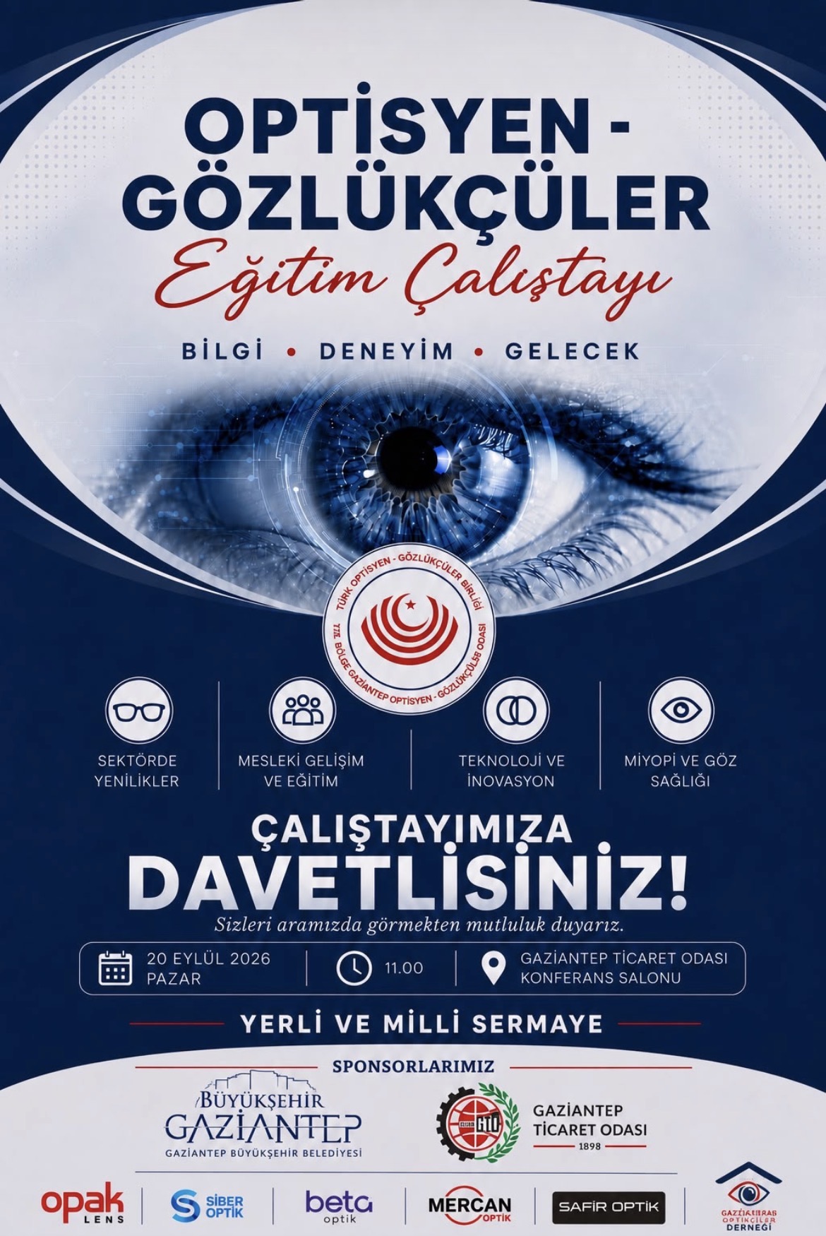 20 Eylül 2026 Gaziantep Optisyen-Gözlükçüler Eğitim Çalıştayı afişi ve Gaziantep Ticaret Odası adresi