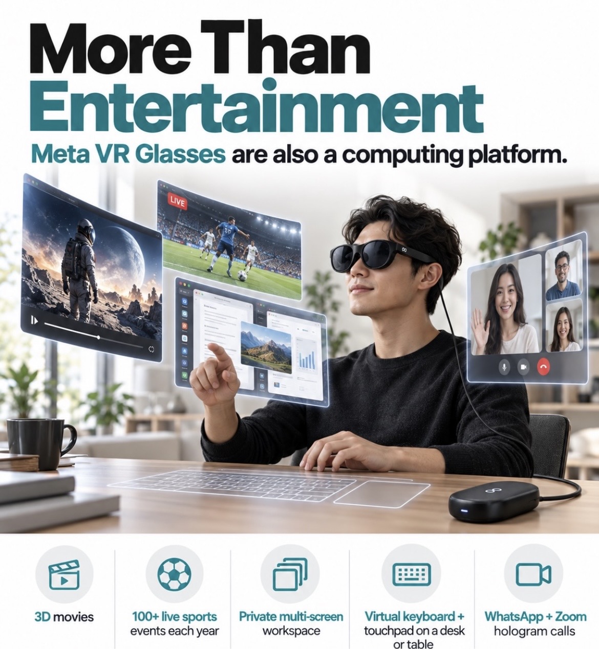 Meta VR Glasses film, spor ve çoklu ekran kullanım senaryolarını canlandıran infografik